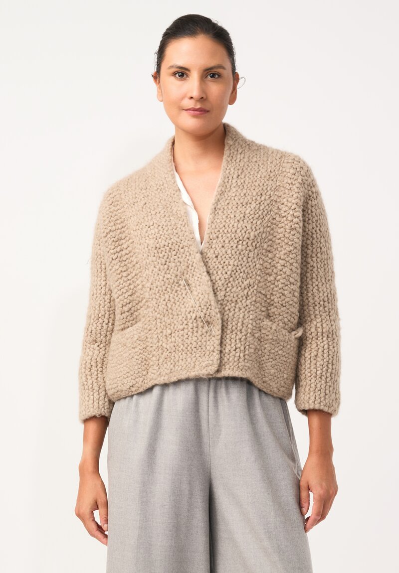 Daniela Gregis Hand-Knit Cashmere Collo Scialle Cardigan in Natural Champagne