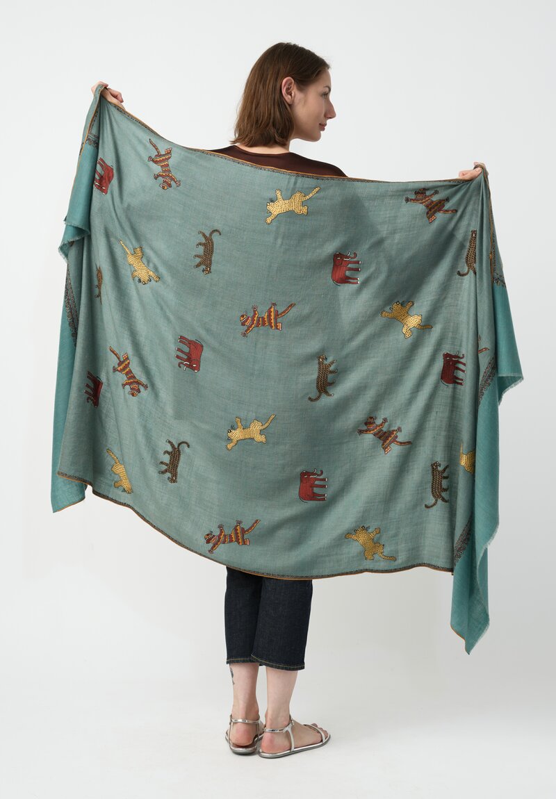 Yaser Shaw Embroidered Tigers Cashmere Scarf