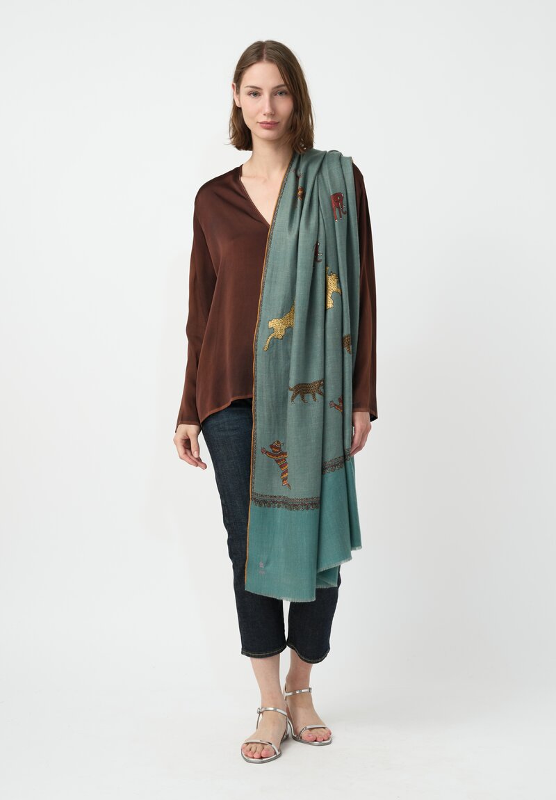 Yaser Shaw Embroidered Tigers Cashmere Scarf