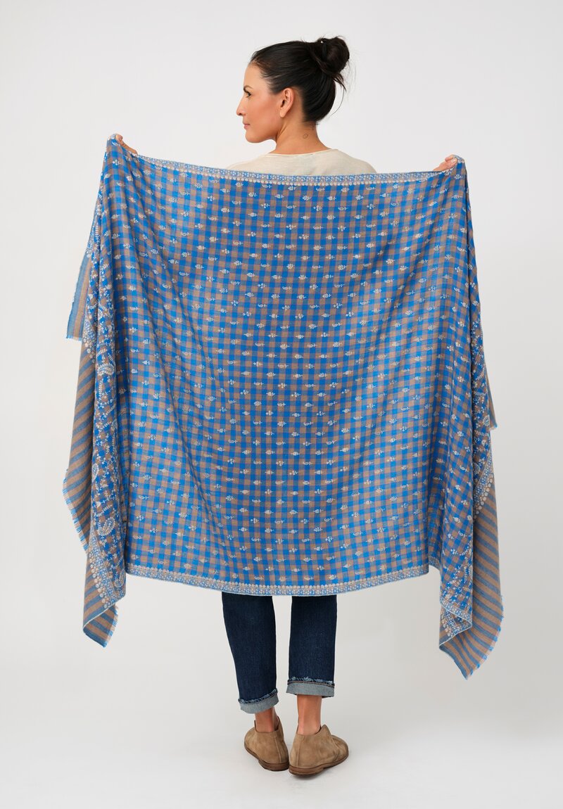 Yaser Shaw Cashmere Kashmiri Embroidered Scarf in Cerulean Blue Gingham with Paisley Flowers