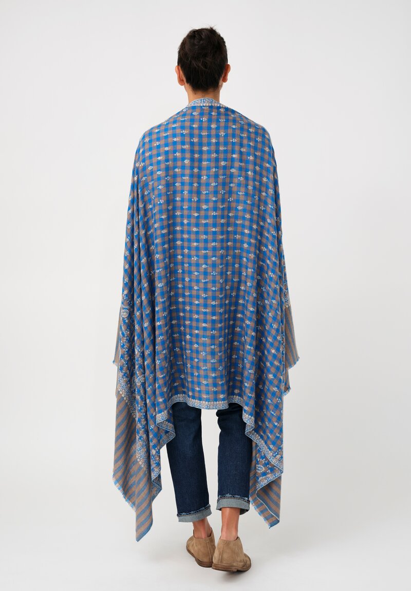 Yaser Shaw Cashmere Kashmiri Embroidered Scarf in Cerulean Blue Gingham with Paisley Flowers