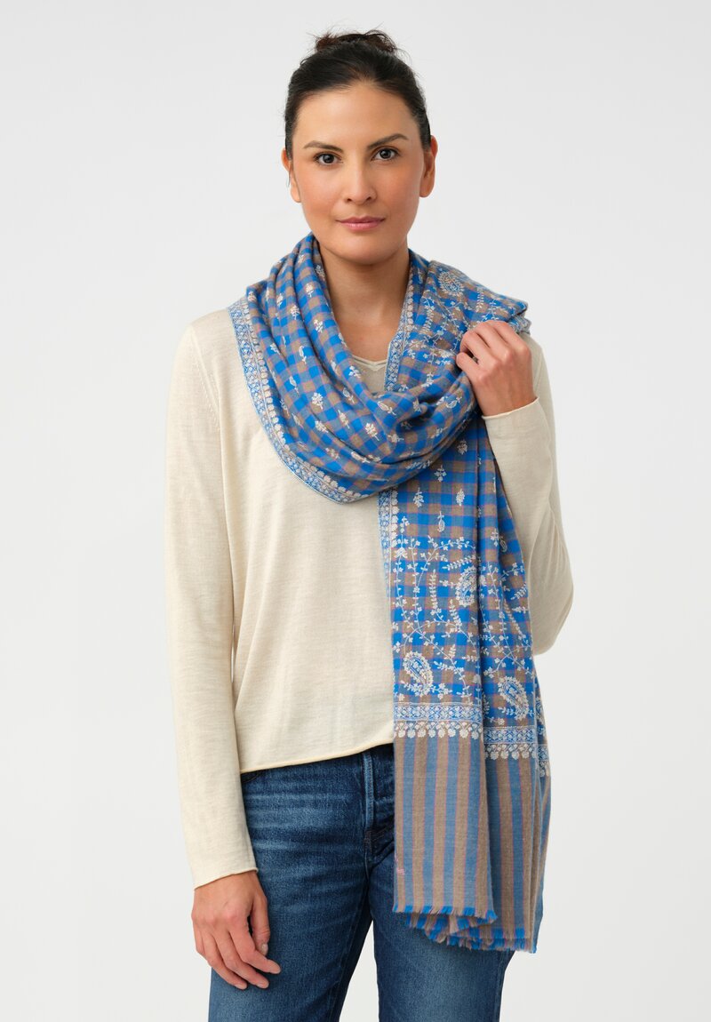 Yaser Shaw Cashmere Kashmiri Embroidered Scarf in Cerulean Blue Gingham with Paisley Flowers