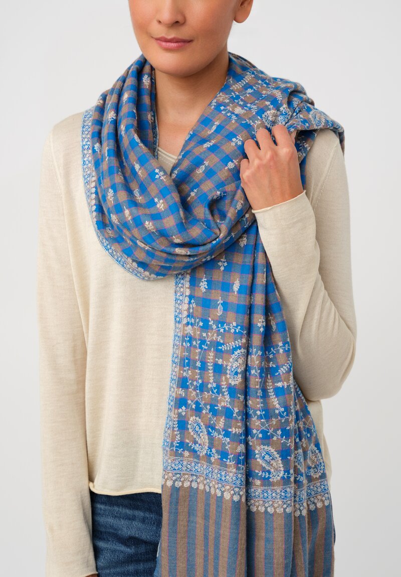Yaser Shaw Cashmere Kashmiri Embroidered Scarf in Cerulean Blue Gingham with Paisley Flowers