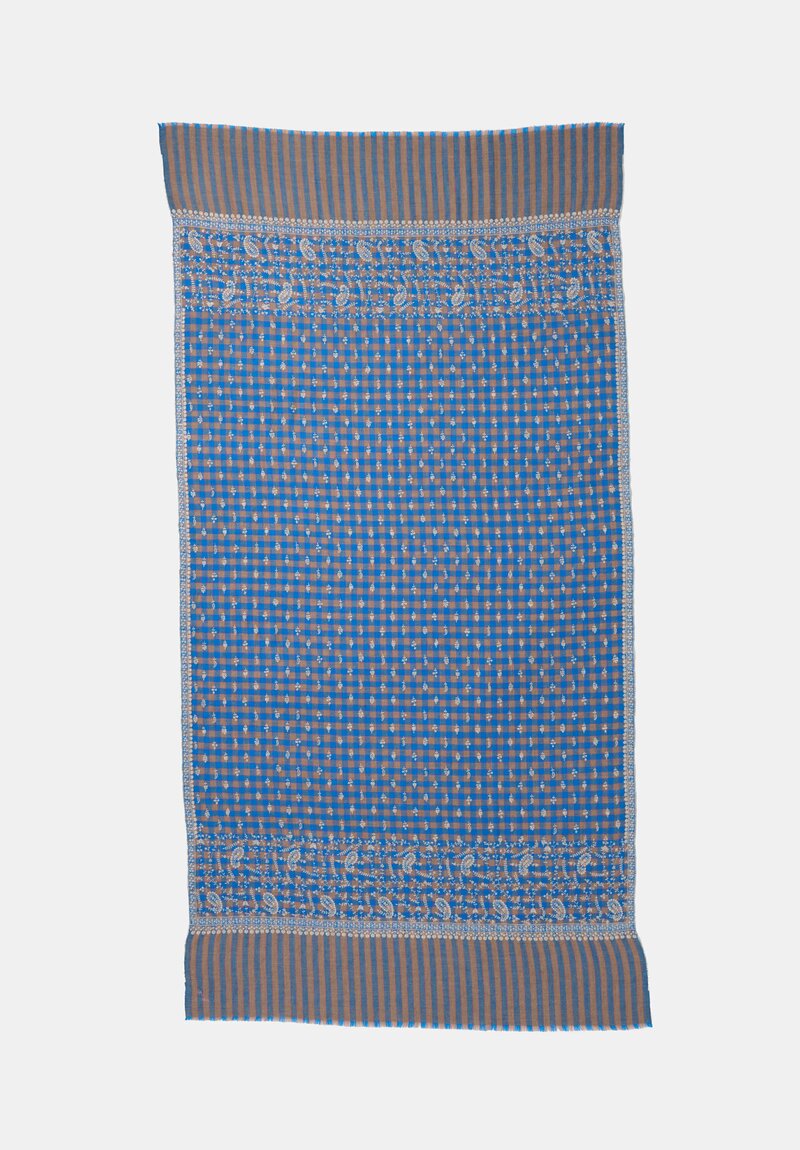 Yaser Shaw Cashmere Kashmiri Embroidered Scarf in Cerulean Blue Gingham with Paisley Flowers