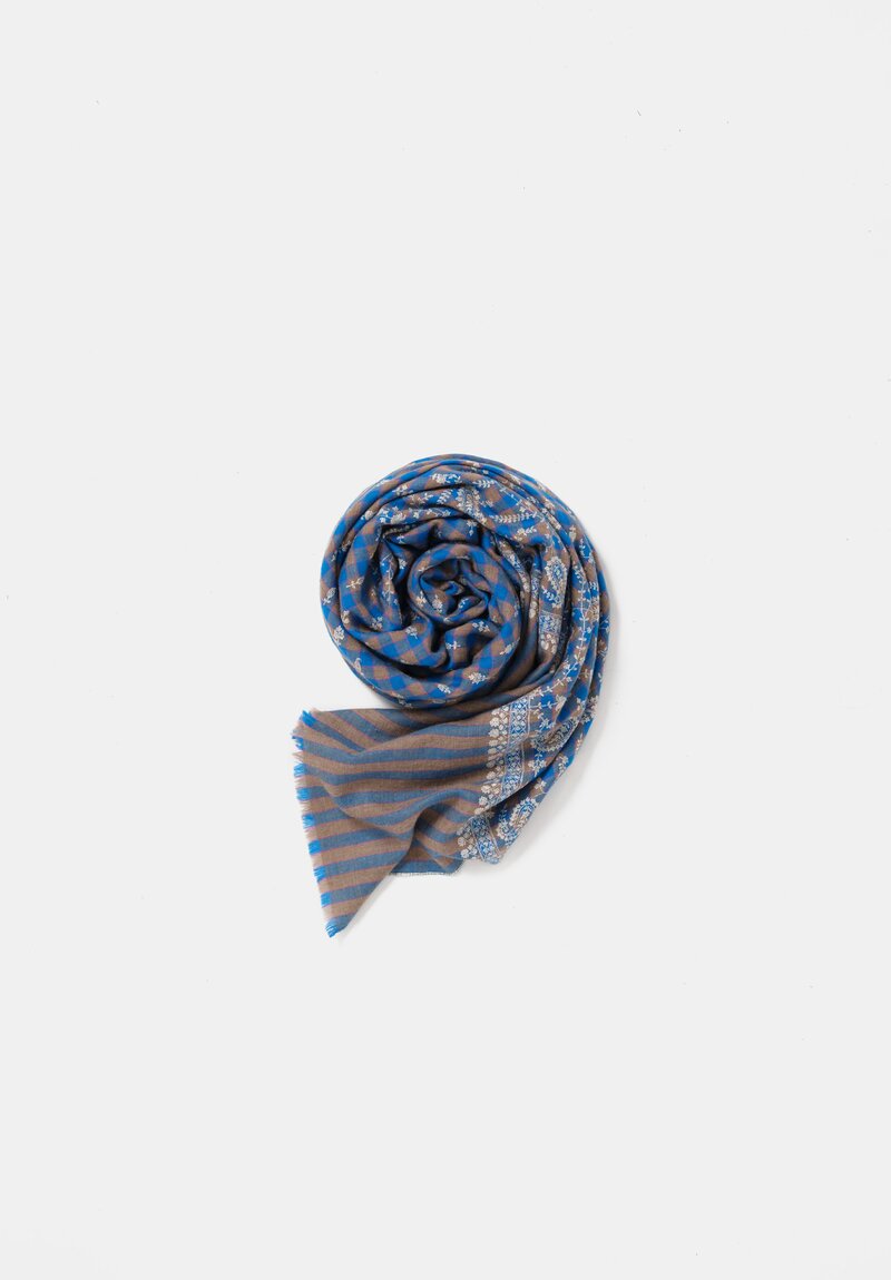 Yaser Shaw Cashmere Kashmiri Embroidered Scarf in Cerulean Blue Gingham with Paisley Flowers