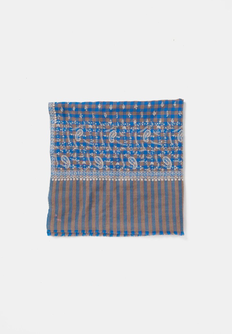 Yaser Shaw Cashmere Kashmiri Embroidered Scarf in Cerulean Blue Gingham with Paisley Flowers