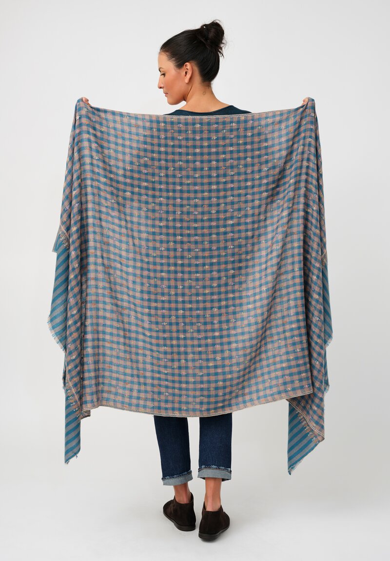 Yaser Shaw Cashmere Kashmiri Embroidered Scarf in Teal Blue Gingham with Paisley Flowers