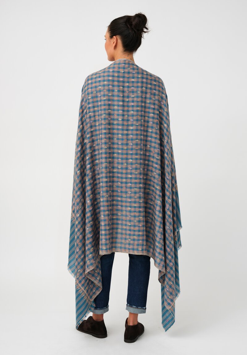 Yaser Shaw Cashmere Kashmiri Embroidered Scarf in Teal Blue Gingham with Paisley Flowers
