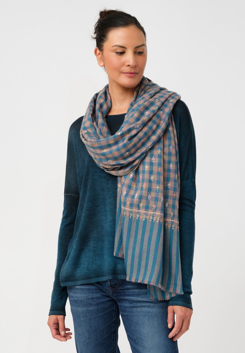 Yaser Shaw Cashmere Kashmiri Embroidered Scarf in Teal Blue Gingham with Paisley Flowers