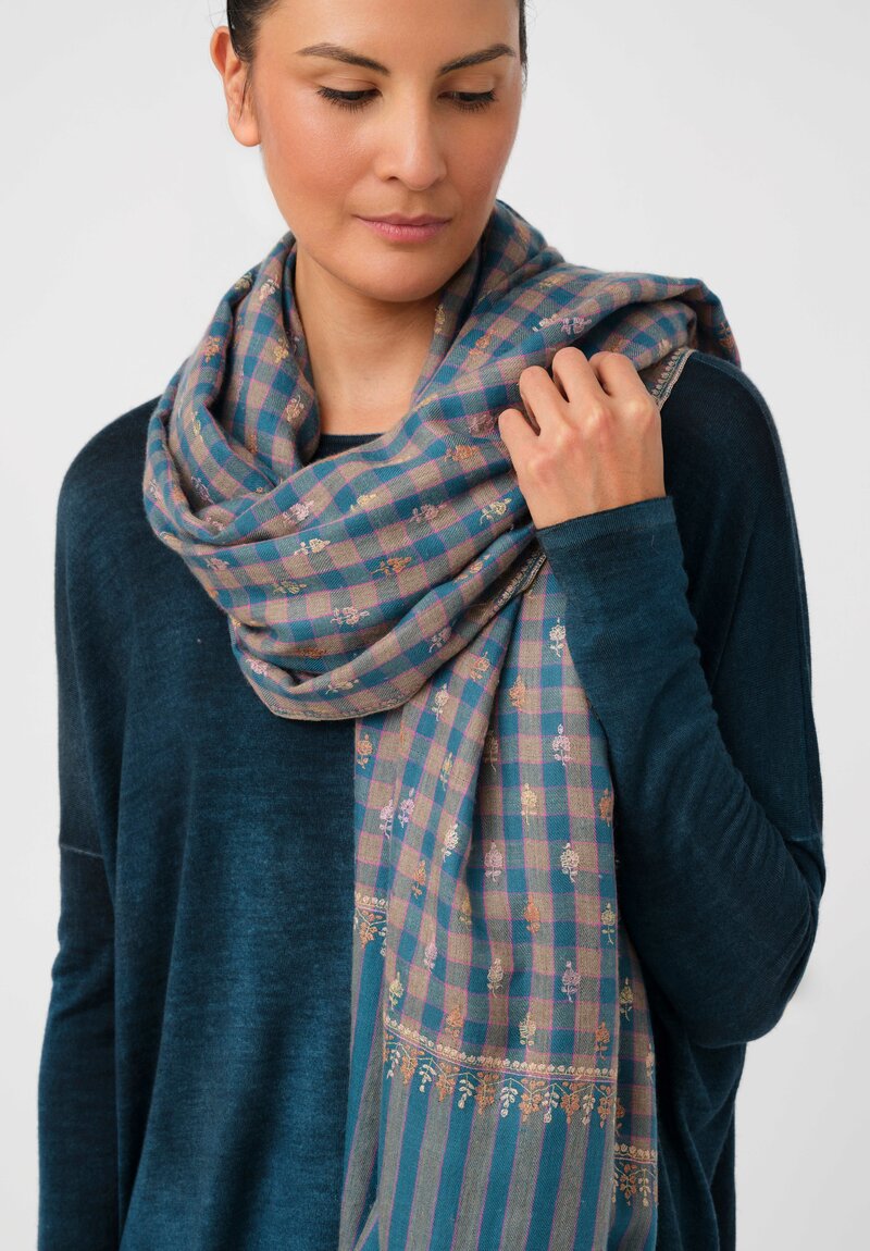 Yaser Shaw Cashmere Kashmiri Embroidered Scarf in Teal Blue Gingham with Paisley Flowers