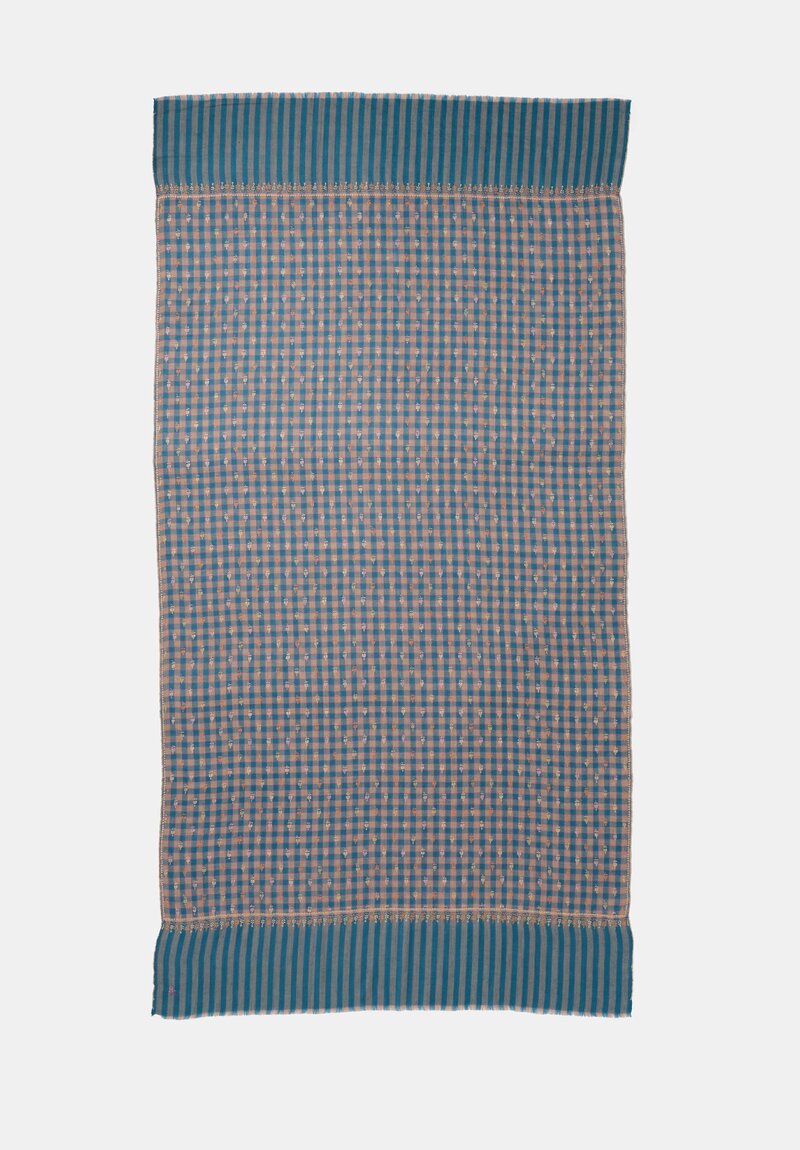Yaser Shaw Cashmere Kashmiri Embroidered Scarf in Teal Blue Gingham with Paisley Flowers
