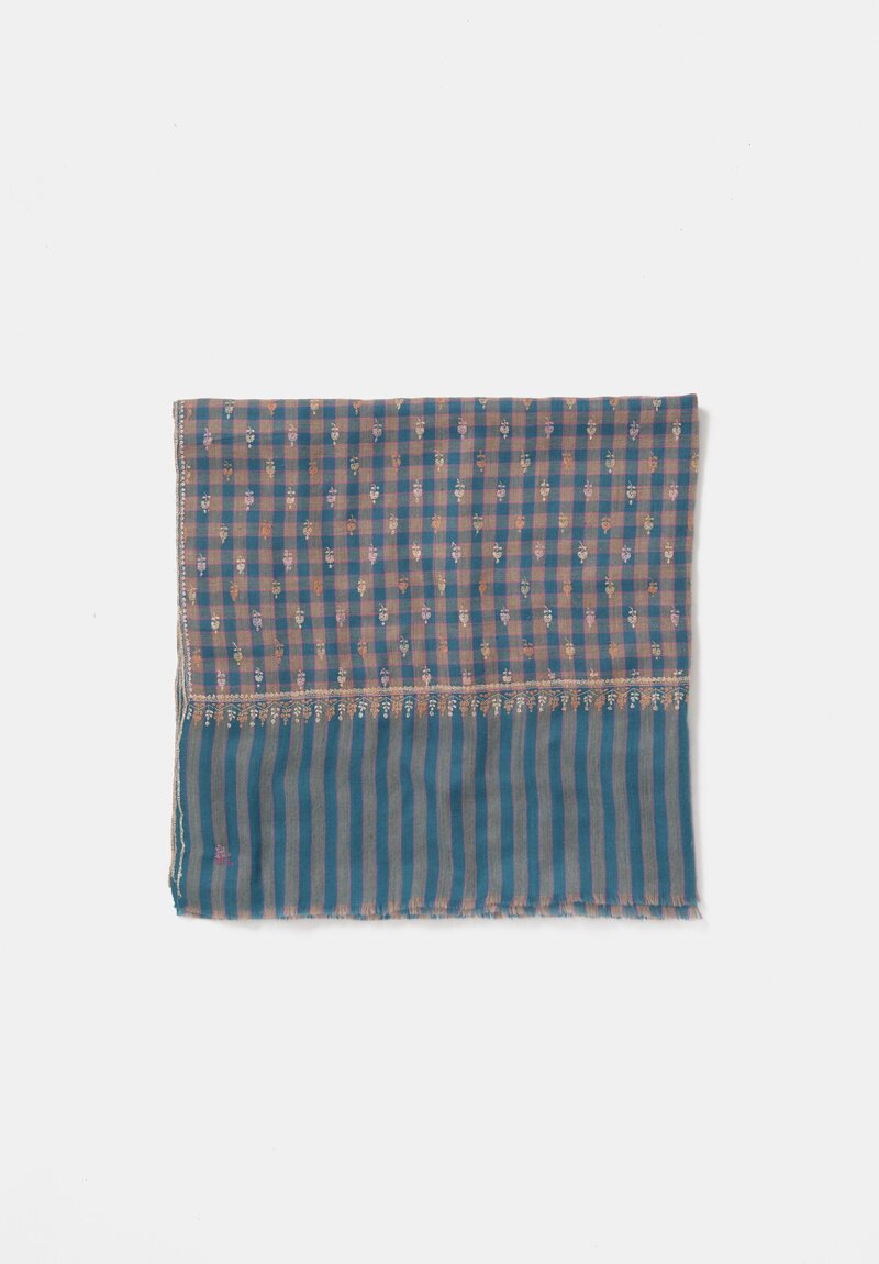 Yaser Shaw Cashmere Kashmiri Embroidered Scarf in Teal Blue Gingham with Paisley Flowers