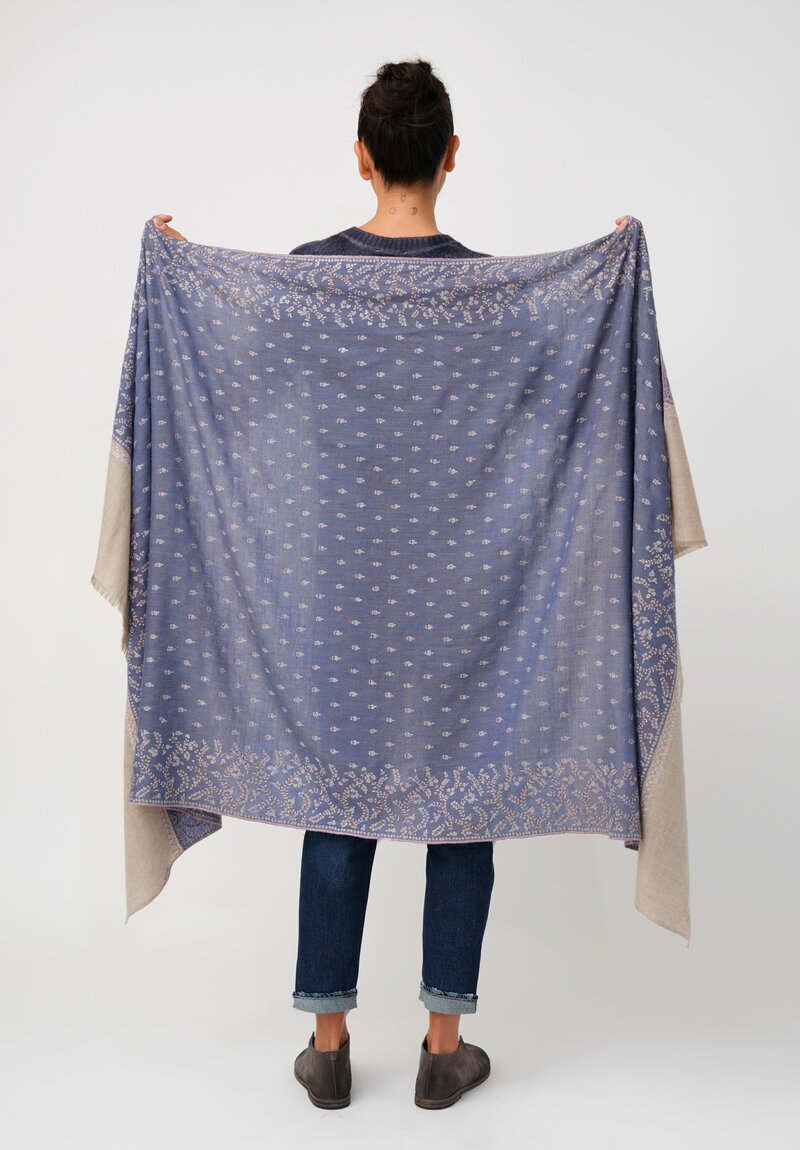 Yaser Shaw Cashmere Kashmiri Embroidered Scarf in Slate Blue & Paisley Flowers