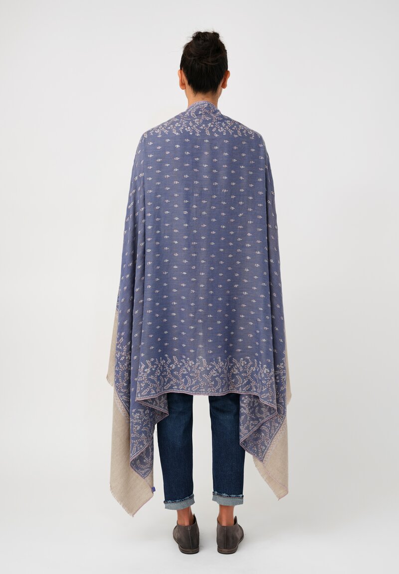 Yaser Shaw Cashmere Kashmiri Embroidered Scarf in Slate Blue & Paisley Flowers