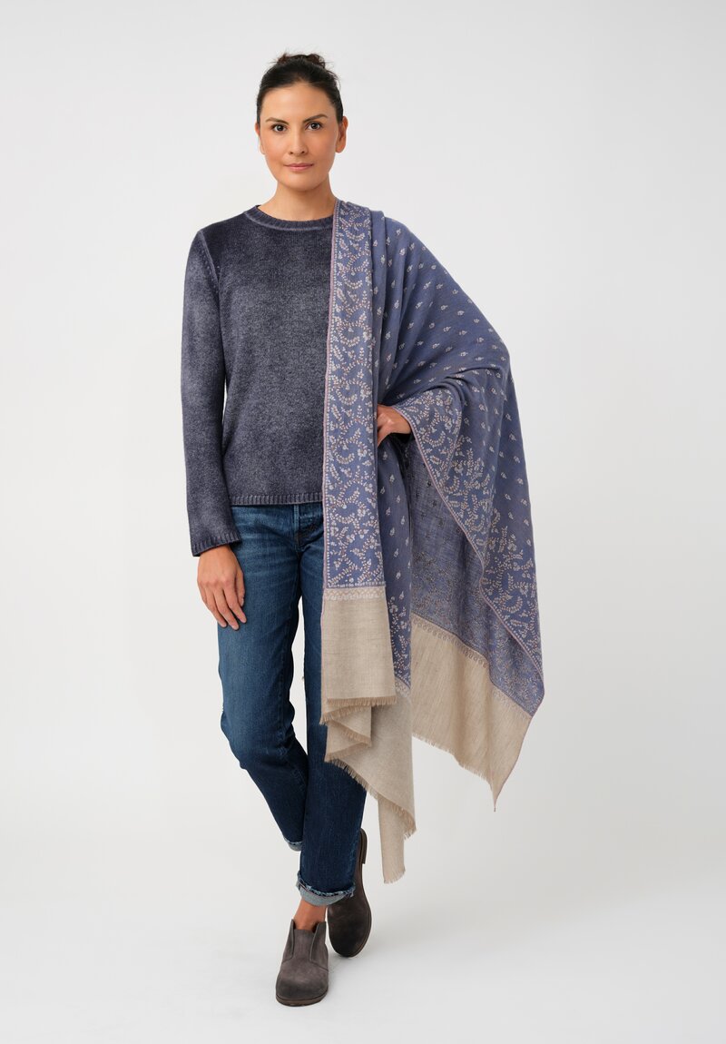 Yaser Shaw Cashmere Kashmiri Embroidered Scarf in Slate Blue & Paisley Flowers