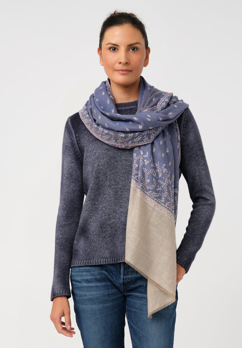 Yaser Shaw Cashmere Kashmiri Embroidered Scarf in Slate Blue & Paisley Flowers