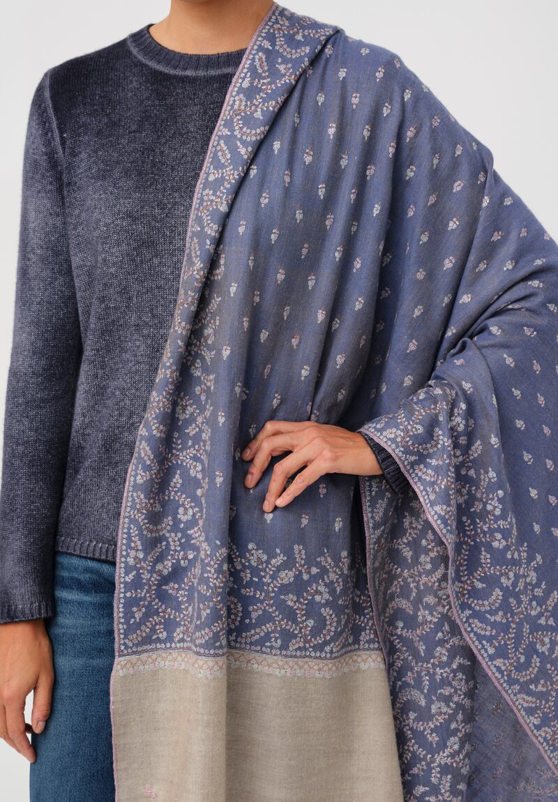 Yaser Shaw Cashmere Kashmiri Embroidered Scarf in Slate Blue & Paisley Flowers