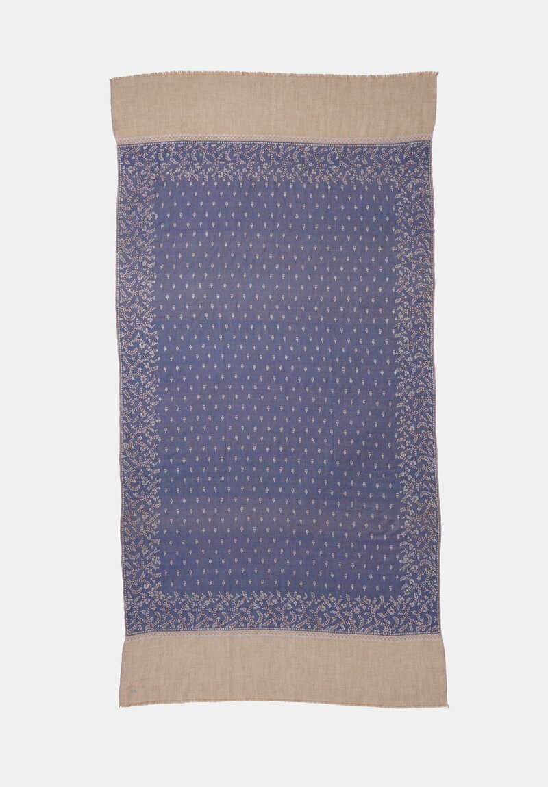Yaser Shaw Cashmere Kashmiri Embroidered Scarf in Slate Blue & Paisley Flowers