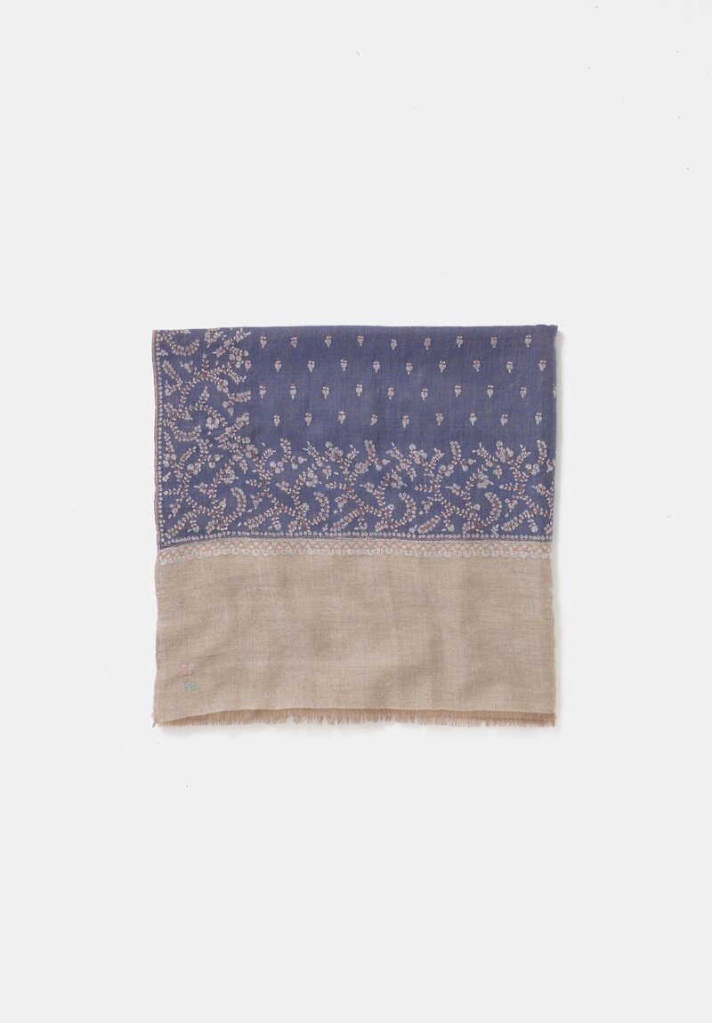 Yaser Shaw Cashmere Kashmiri Embroidered Scarf in Slate Blue & Paisley Flowers