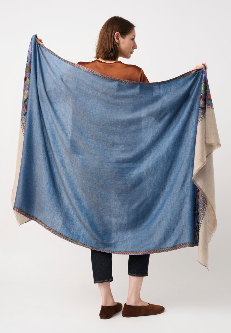 Yaser Shaw Cashmere Kashmiri Embroidered Scarf in Blue, Taupe & Animal Motifs