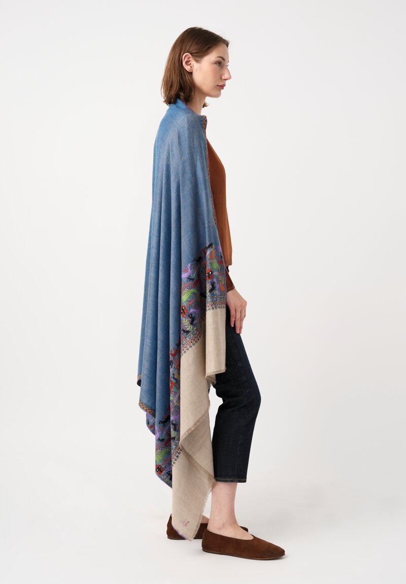 Yaser Shaw Cashmere Kashmiri Embroidered Scarf in Blue, Taupe & Animal Motifs