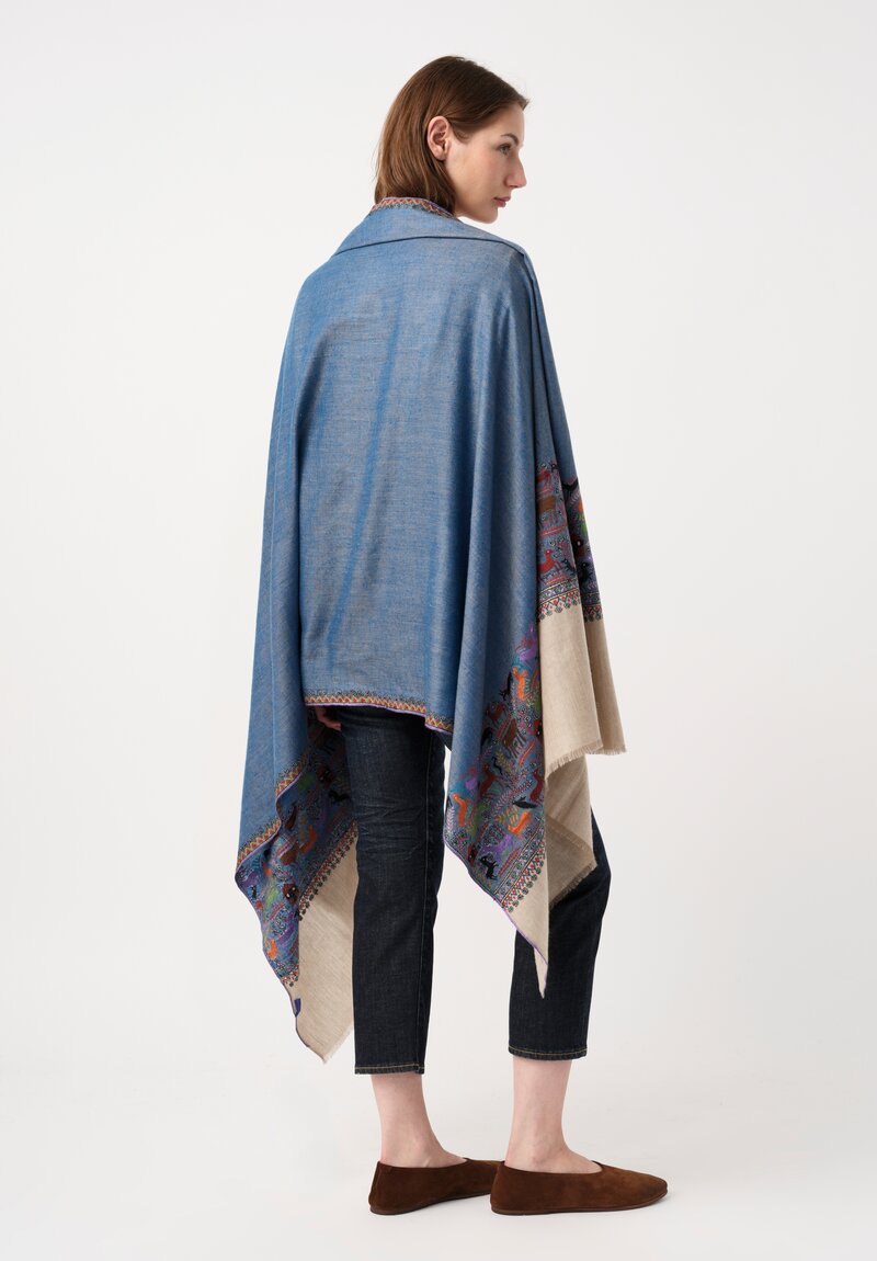 Yaser Shaw Cashmere Kashmiri Embroidered Scarf in Blue, Taupe & Animal Motifs