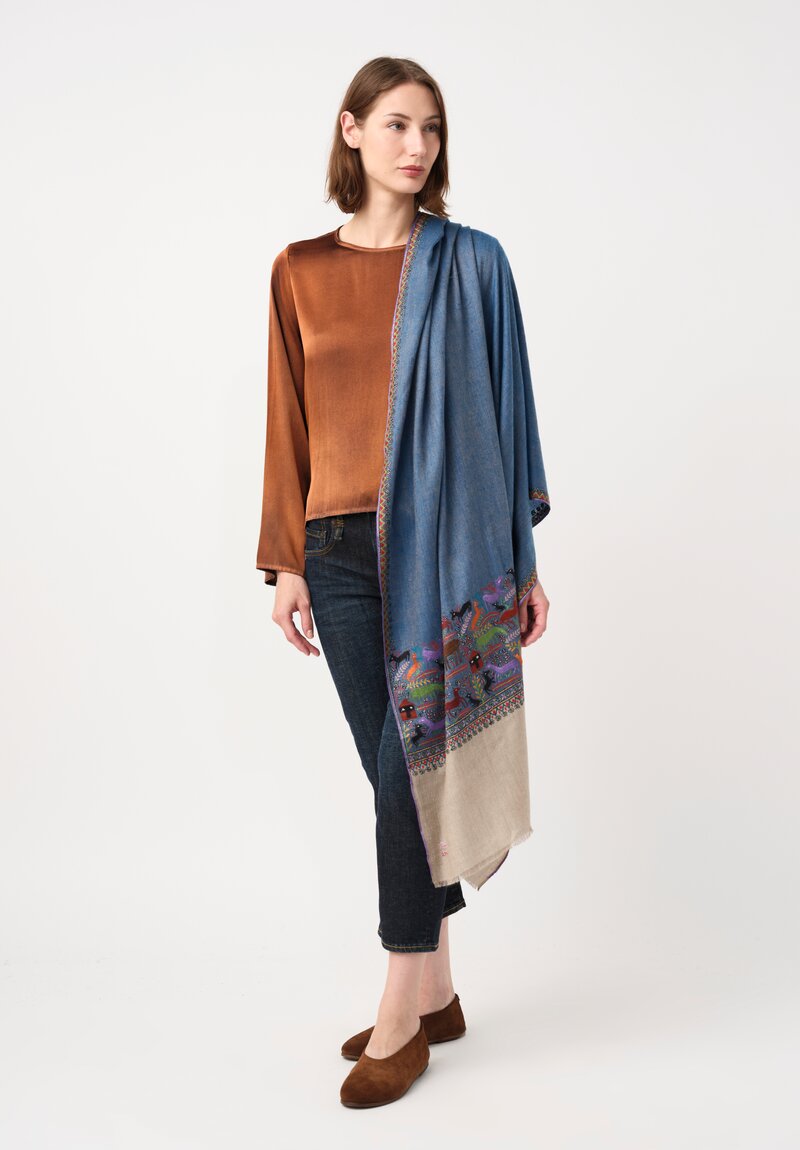 Yaser Shaw Cashmere Kashmiri Embroidered Scarf in Blue, Taupe & Animal Motifs