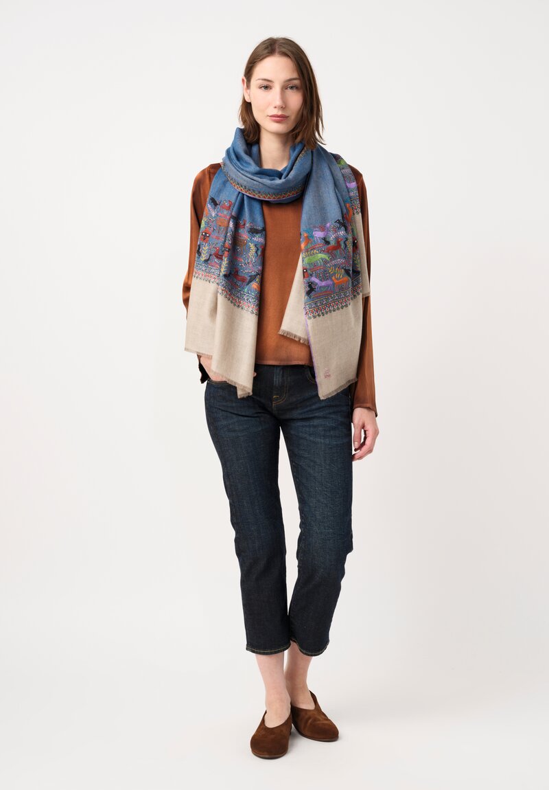 Yaser Shaw Cashmere Kashmiri Embroidered Scarf in Blue, Taupe & Animal Motifs