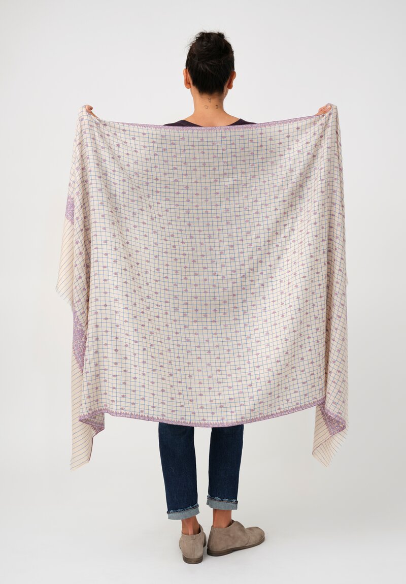Yaser Shaw Cashmere Kashmiri Embroidered Scarf in Cream & Blue Windowpane with Paisley Flowers