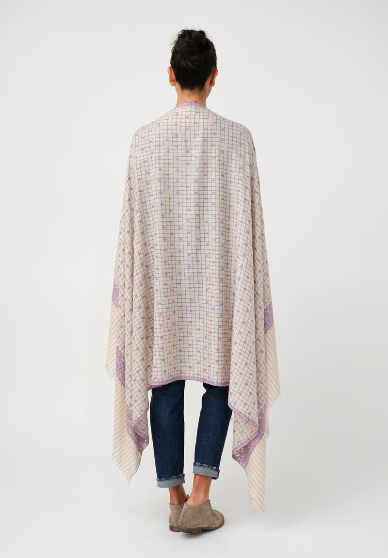 Yaser Shaw Cashmere Kashmiri Embroidered Scarf in Cream & Blue Windowpane with Paisley Flowers