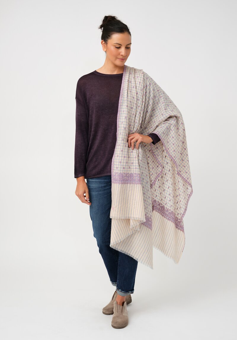 Yaser Shaw Cashmere Kashmiri Embroidered Scarf in Cream & Blue Windowpane with Paisley Flowers