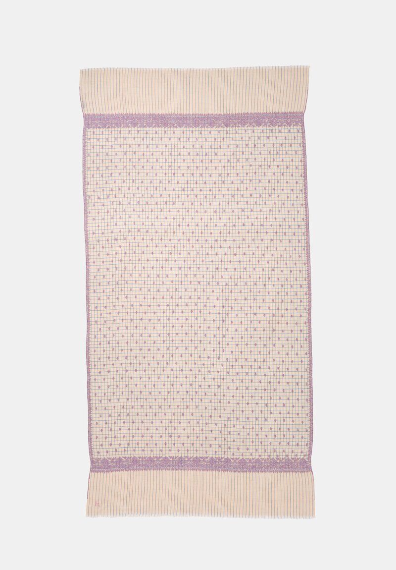 Yaser Shaw Cashmere Kashmiri Embroidered Scarf in Cream & Blue Windowpane with Paisley Flowers