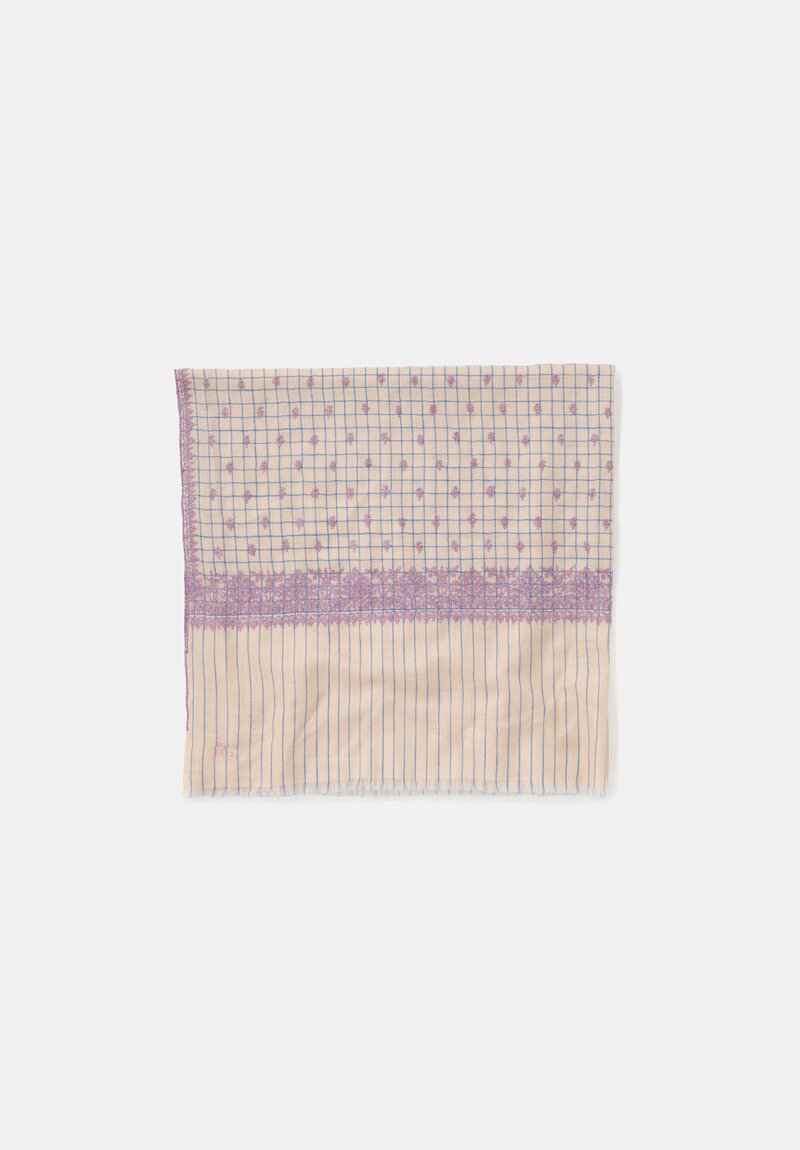 Yaser Shaw Cashmere Kashmiri Embroidered Scarf in Cream & Blue Windowpane with Paisley Flowers
