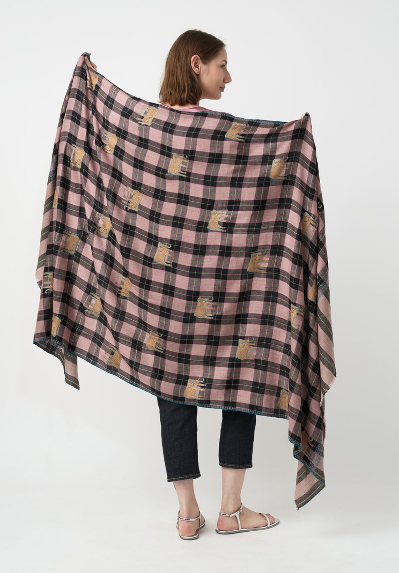 Yaser Shaw Cashmere Kashmiri Embroidered Scarf in Black & Pink Plaid with Elephant Motifs