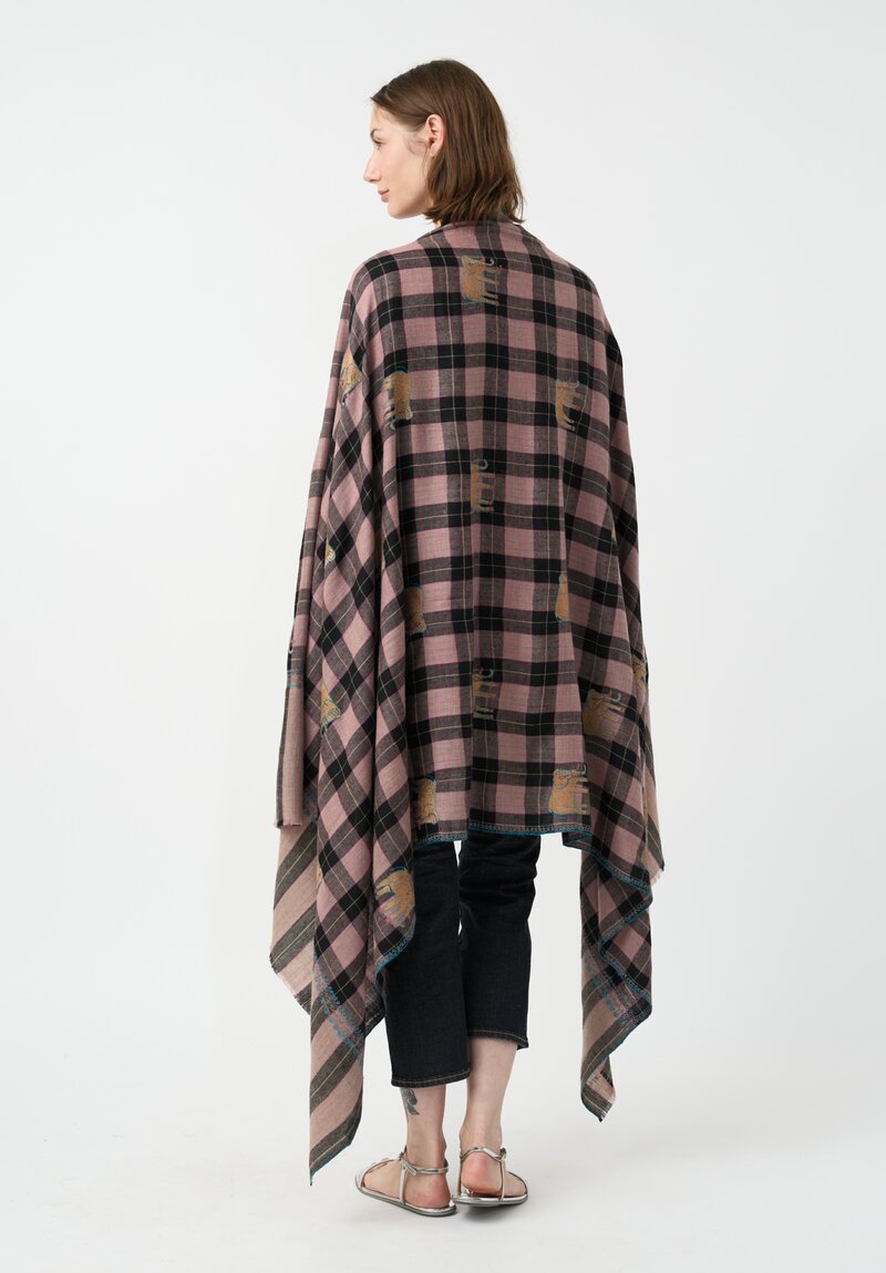 Yaser Shaw Cashmere Kashmiri Embroidered Scarf in Black & Pink Plaid with Elephant Motifs