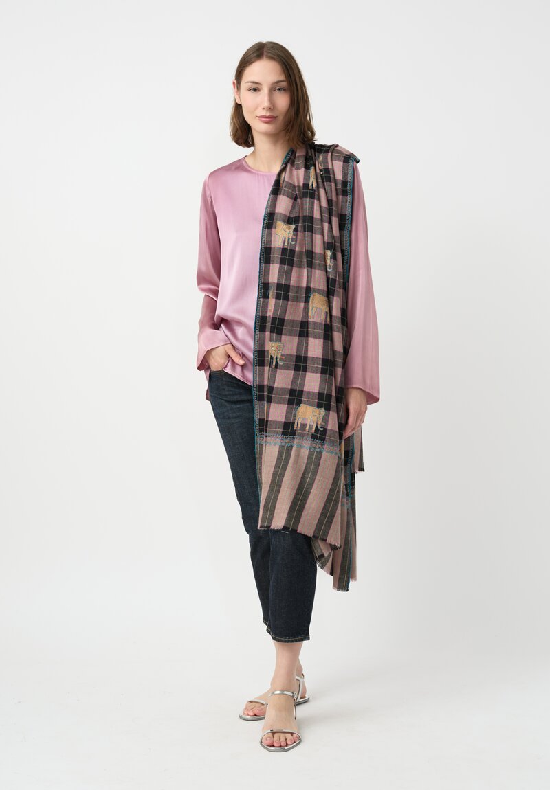 Yaser Shaw Cashmere Kashmiri Embroidered Scarf in Black & Pink Plaid with Elephant Motifs