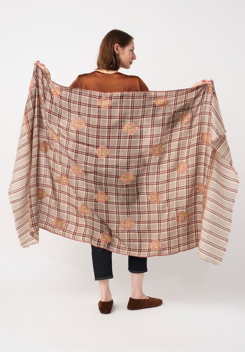 Yaser Shaw Embroidered Plaid and Stripe Cashmere Scarf