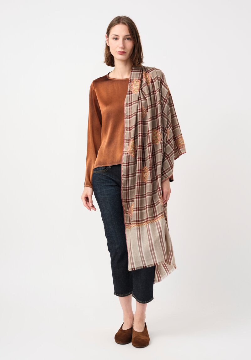 Yaser Shaw Embroidered Plaid and Stripe Cashmere Scarf