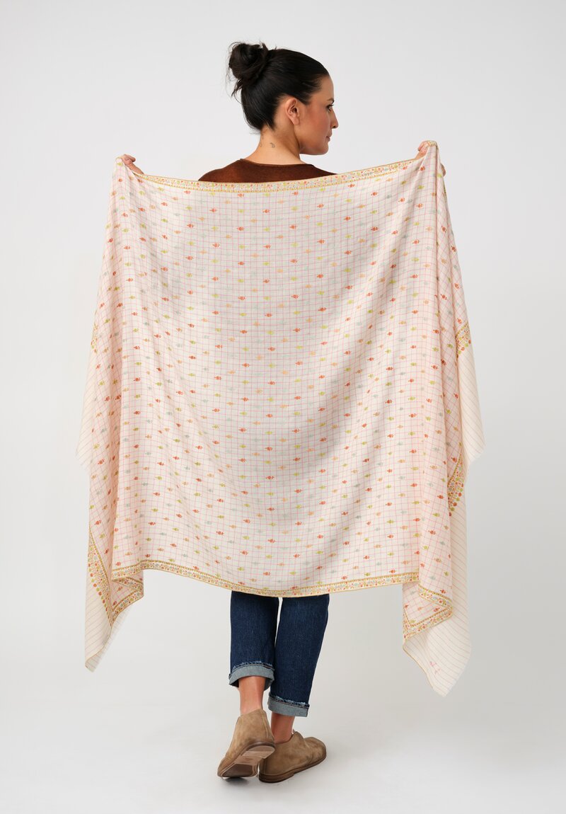 Yaser Shaw Cashmere Kashmiri Embroidered Scarf in Cream & Pink Windowpane with Paisley Flowers