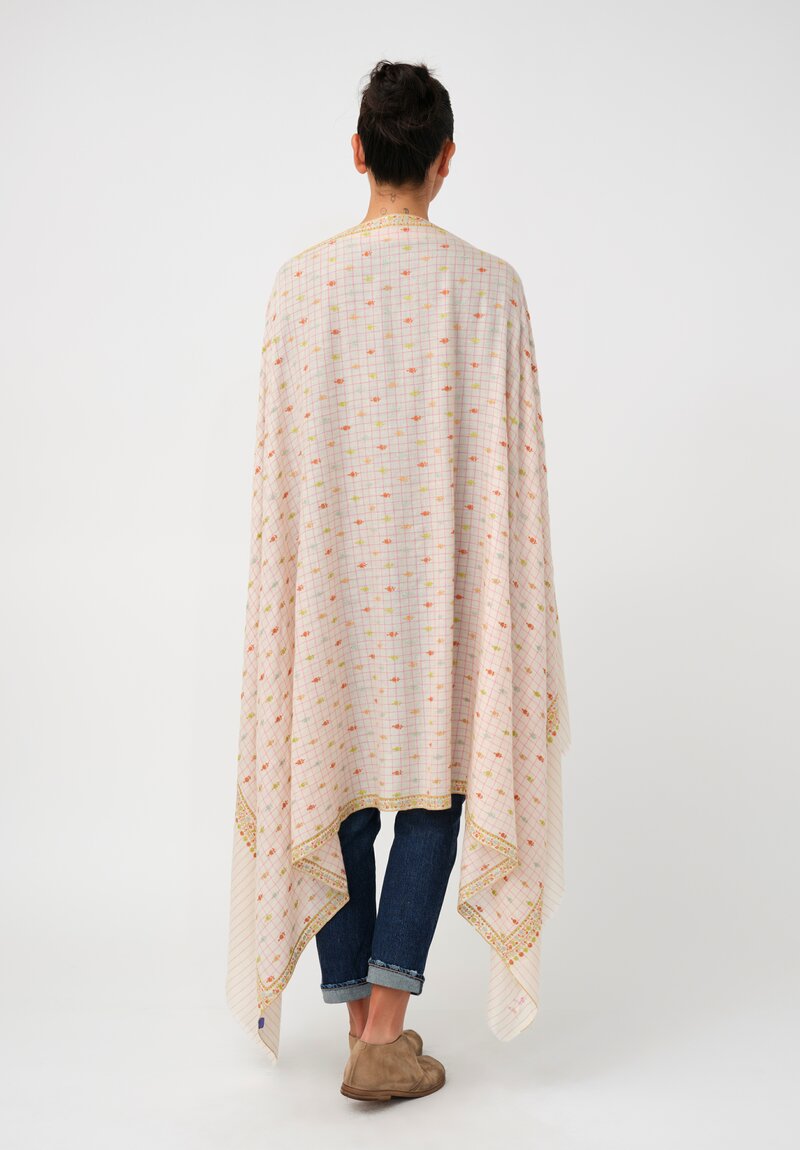 Yaser Shaw Cashmere Kashmiri Embroidered Scarf in Cream & Pink Windowpane with Paisley Flowers