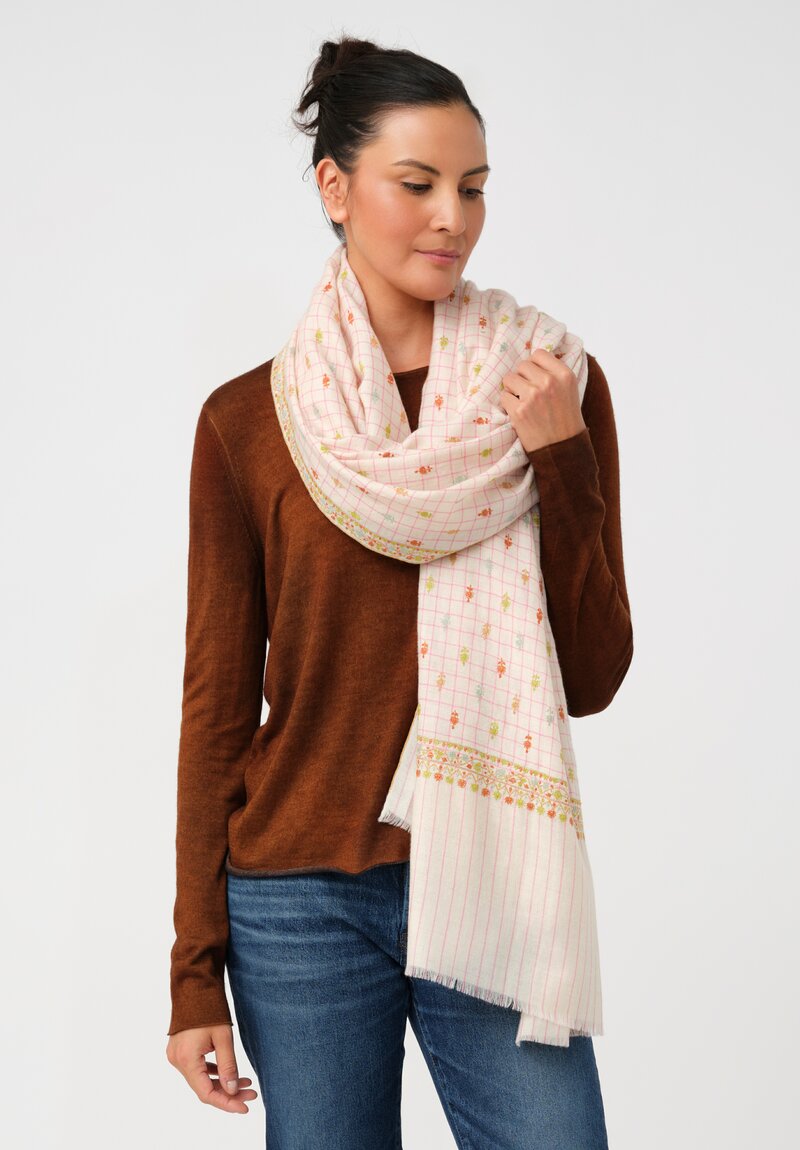 Yaser Shaw Cashmere Kashmiri Embroidered Scarf in Cream & Pink Windowpane with Paisley Flowers