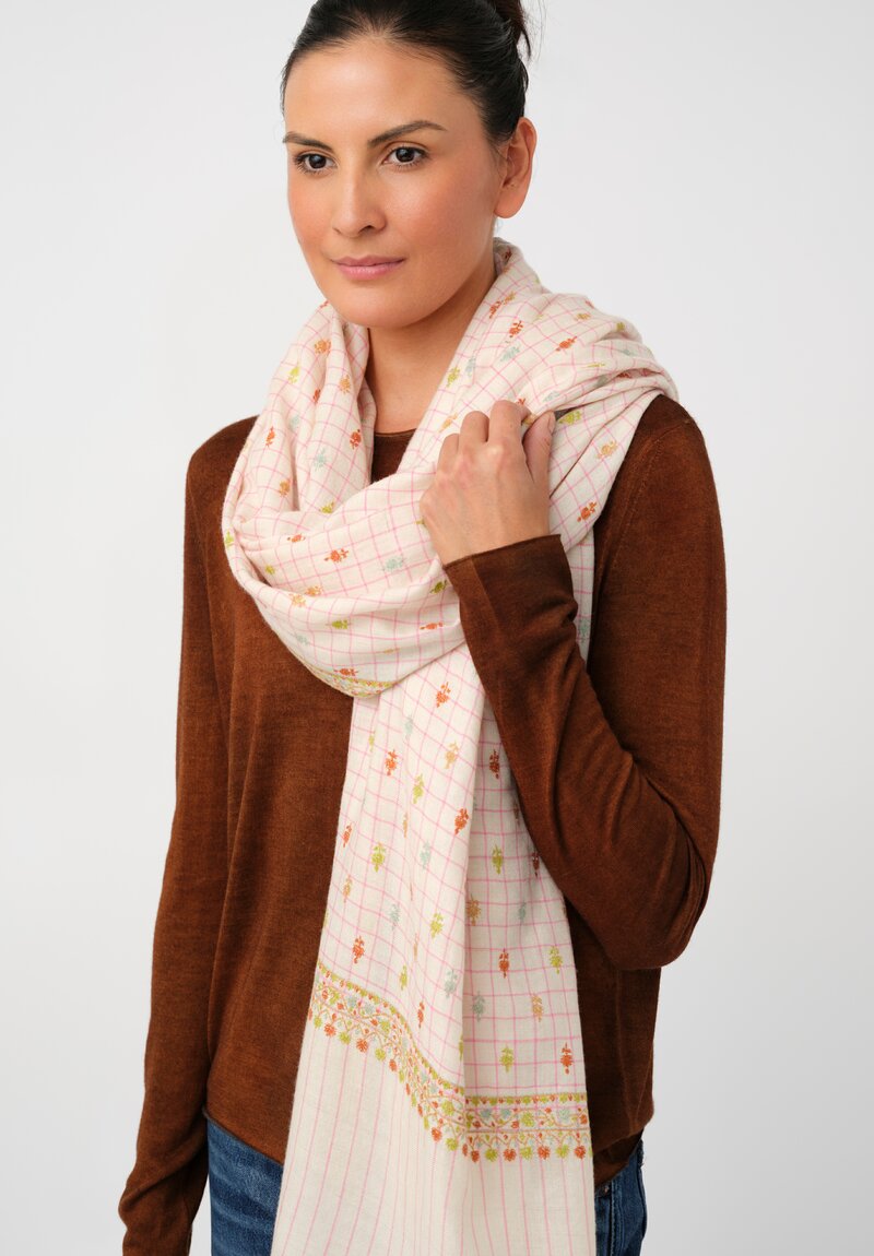 Yaser Shaw Cashmere Kashmiri Embroidered Scarf in Cream & Pink Windowpane with Paisley Flowers
