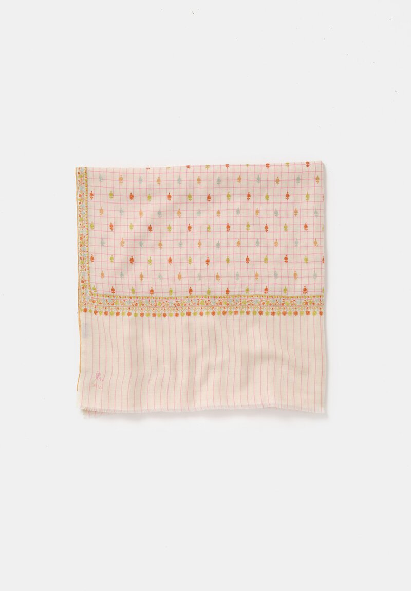 Yaser Shaw Cashmere Kashmiri Embroidered Scarf in Cream & Pink Windowpane with Paisley Flowers