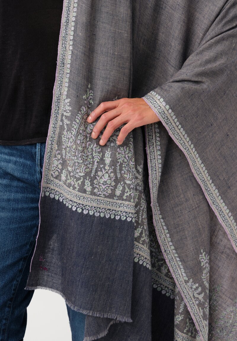 Yaser Shaw Cashmere Kashmiri Embroidered Scarf in Steel Grey & Blue Paisley Trees & Bouquets