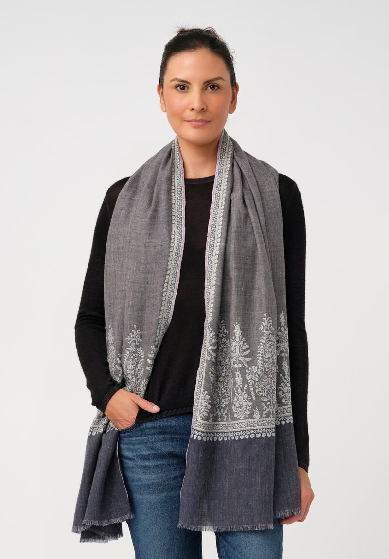 Yaser Shaw Cashmere Kashmiri Embroidered Scarf in Steel Grey & Blue Paisley Trees & Bouquets