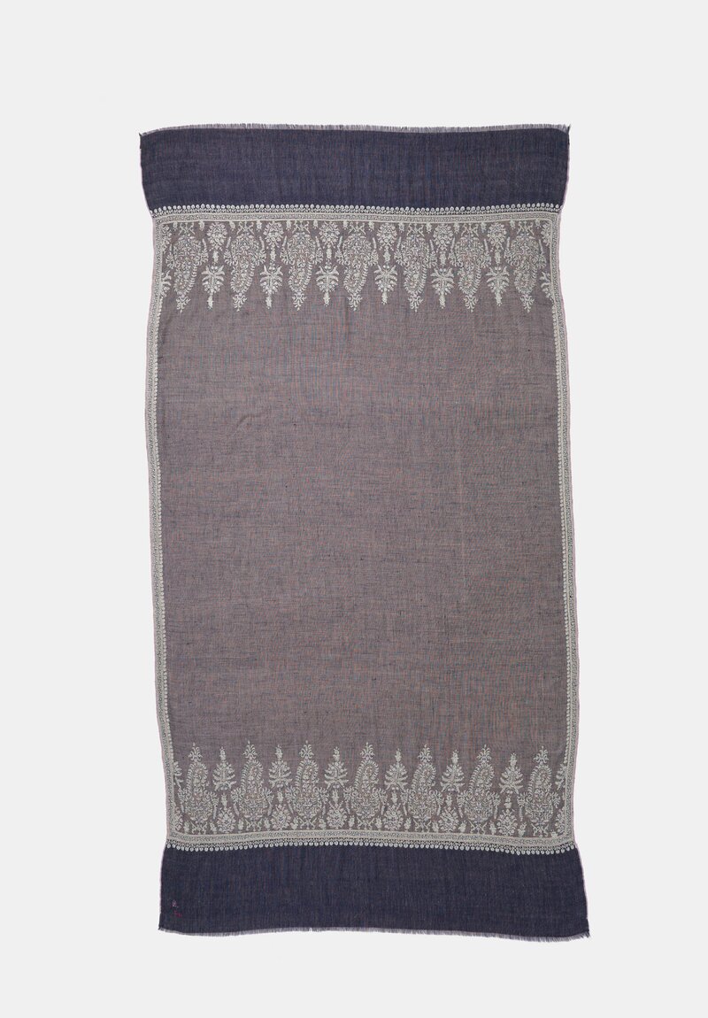 Yaser Shaw Cashmere Kashmiri Embroidered Scarf in Steel Grey & Blue Paisley Trees & Bouquets