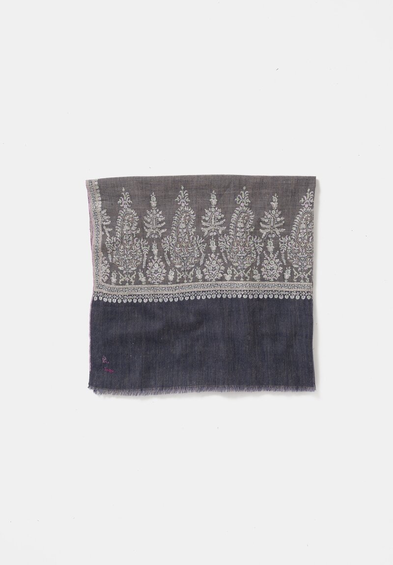 Yaser Shaw Cashmere Kashmiri Embroidered Scarf in Steel Grey & Blue Paisley Trees & Bouquets