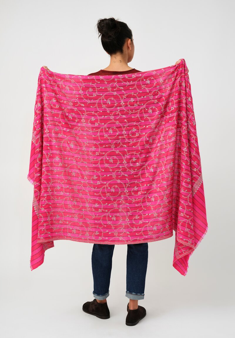 Yaser Shaw Cashmere Kashmiri Embroidered Scarf in Fuchsia Pink Stripes with Paisley Vine Swirls
