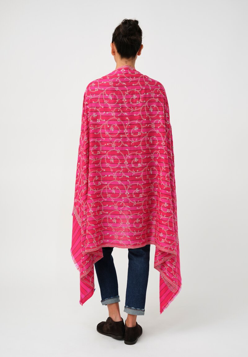 Yaser Shaw Cashmere Kashmiri Embroidered Scarf in Fuchsia Pink Stripes with Paisley Vine Swirls