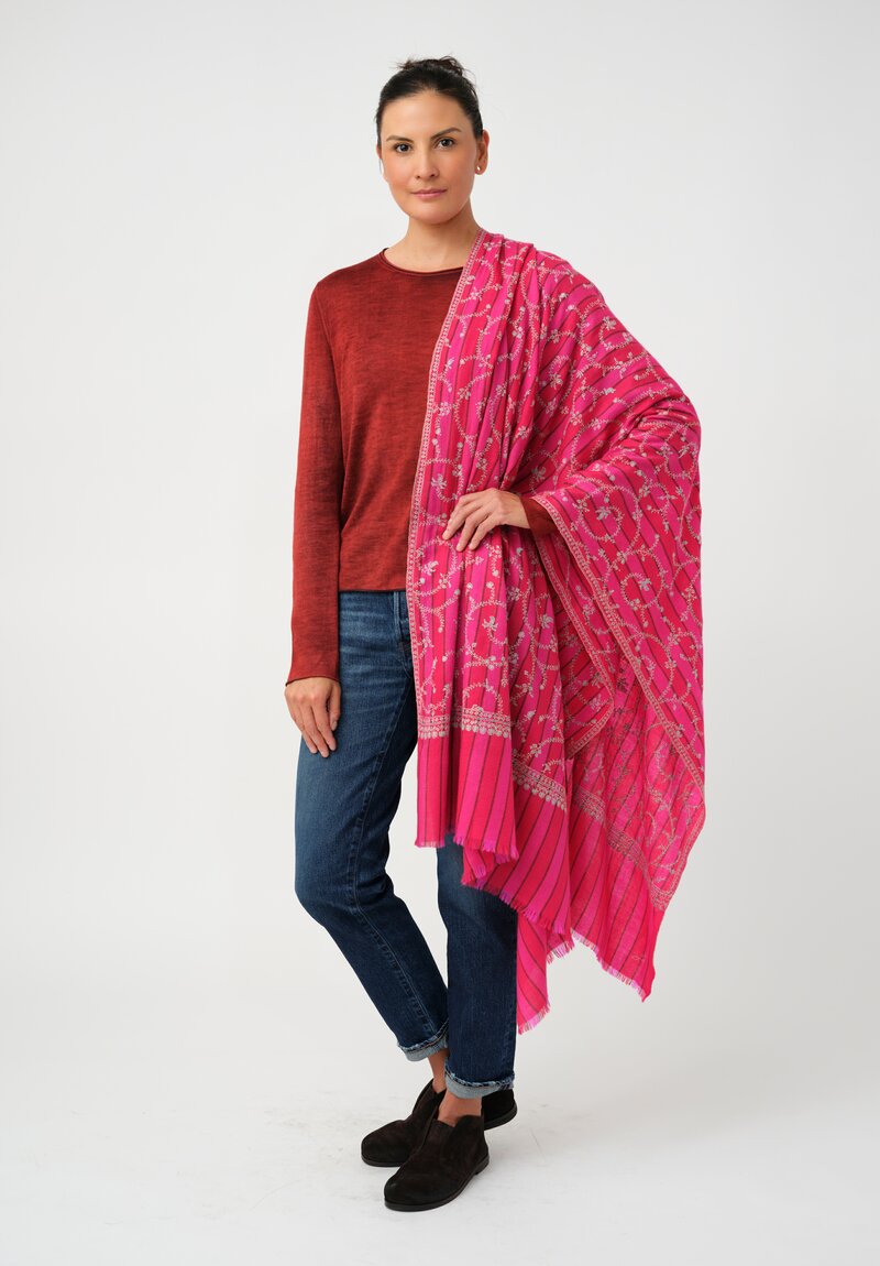 Yaser Shaw Cashmere Kashmiri Embroidered Scarf in Fuchsia Pink Stripes with Paisley Vine Swirls